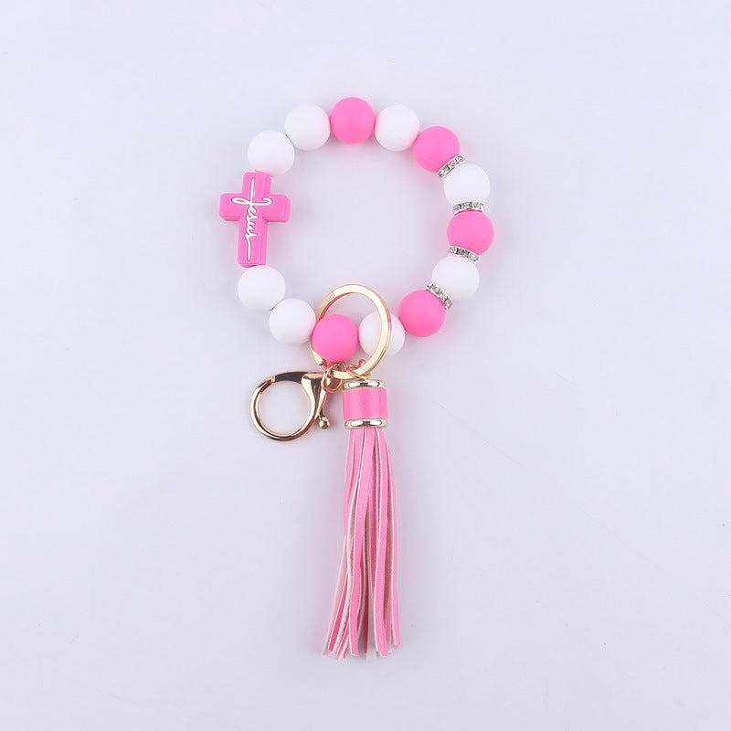 Wholesale Cartoon Silicone Cross Bead Tassel Wrist Keychain
